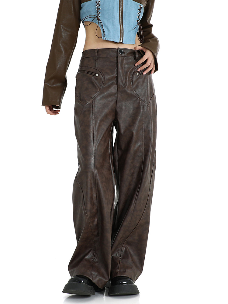 christmas outfit JazzHer Women's Vintage Brown Leather Pants 90s Y2k Retro Pippie High Waist Pants Baggy Harajuku Wide Leg Jogger Trousers 2000s Clothes