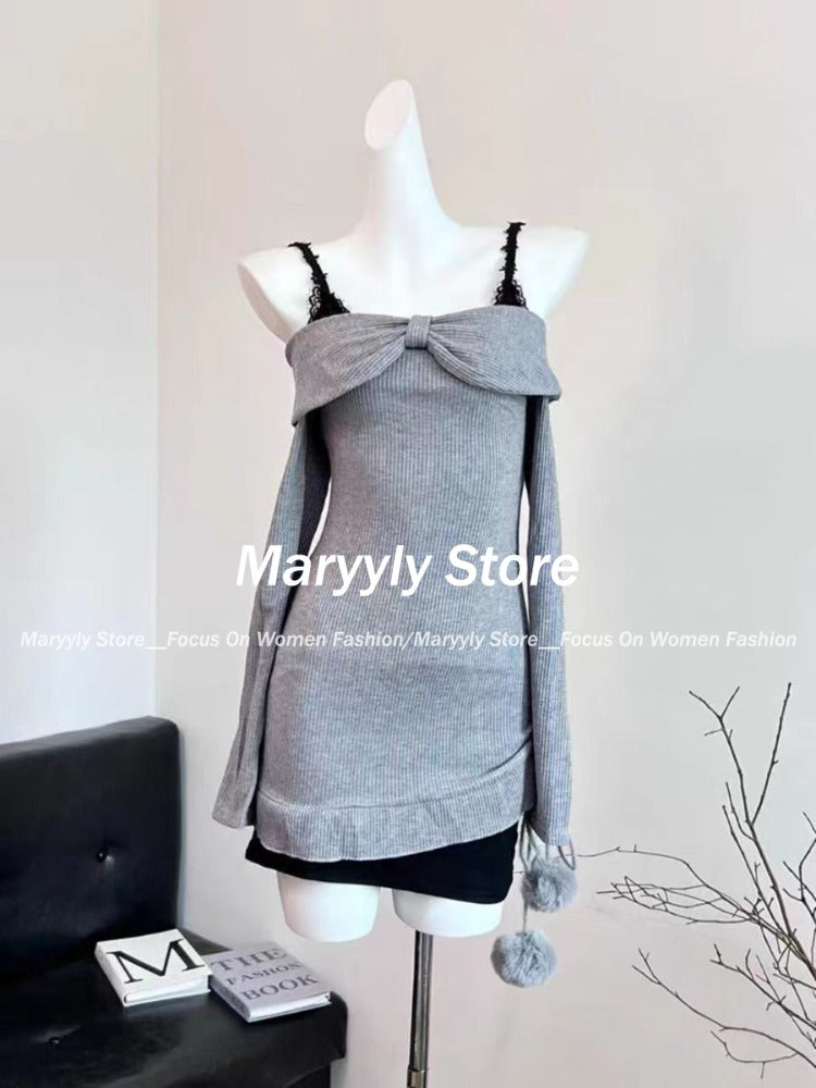 JazzHer Autumn Korean Sweet Dress Suits Women Y2k Slash Nece Sweater Tops + Sexy Slim Lace Mini Dress Female Elegant 2 Piece Sets New
