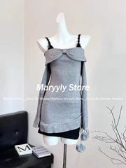 JazzHer Autumn Korean Sweet Dress Suits Women Y2k Slash Nece Sweater Tops + Sexy Slim Lace Mini Dress Female Elegant 2 Piece Sets New