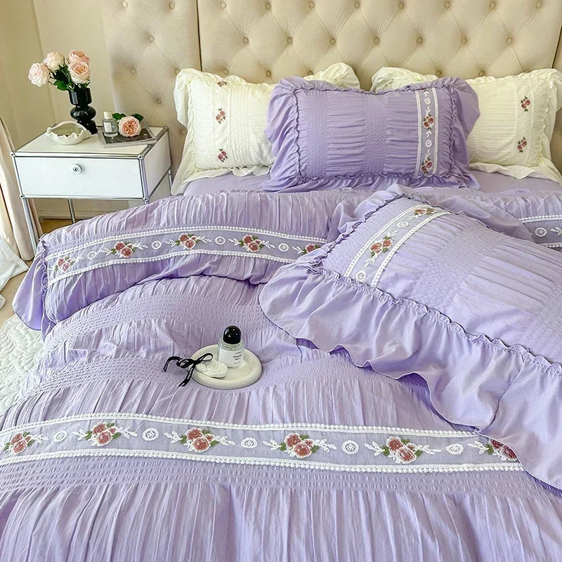 JazzHer French Embroidered Lace Bubble Gauze Bedding Set Pink Elegant Princess Style Queen Duvet Cover Set Ruffled Comforter Cover Sets