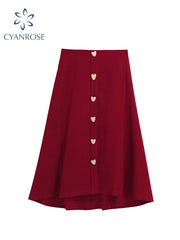 christmas outfit JazzHer Spring Women Red Mid Long Skirt Trendy Loose Vintage A Line Skirts Streetwear Female Korean Elegant High Waist Skirt Plus Size