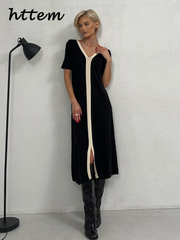 JazzHer Elegant Knit Contrast Long Dress for Women V-neck Short Sleeve Split Female Dresses 2024 Summer Autumn Casual Office Lady Robes