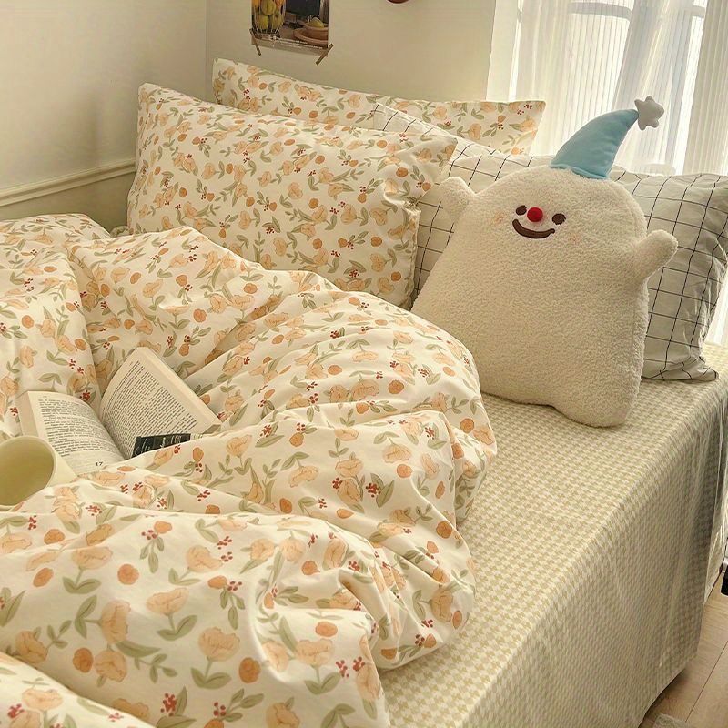 JazzHer Floral Korean Style Duvet Cover Set No Filler Pillowcase Flat Sheet Twin Queen Size Boys Grils Romantic Bedding Kit