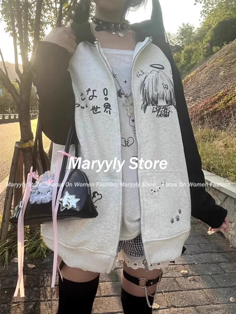 JazzHer Japanese vintage Hooded Tops Women Y2k Aesthetic Cartoon Print Grunge Hoodie Casual Zip Up Sweatshirt Harajuku Streetwear new
