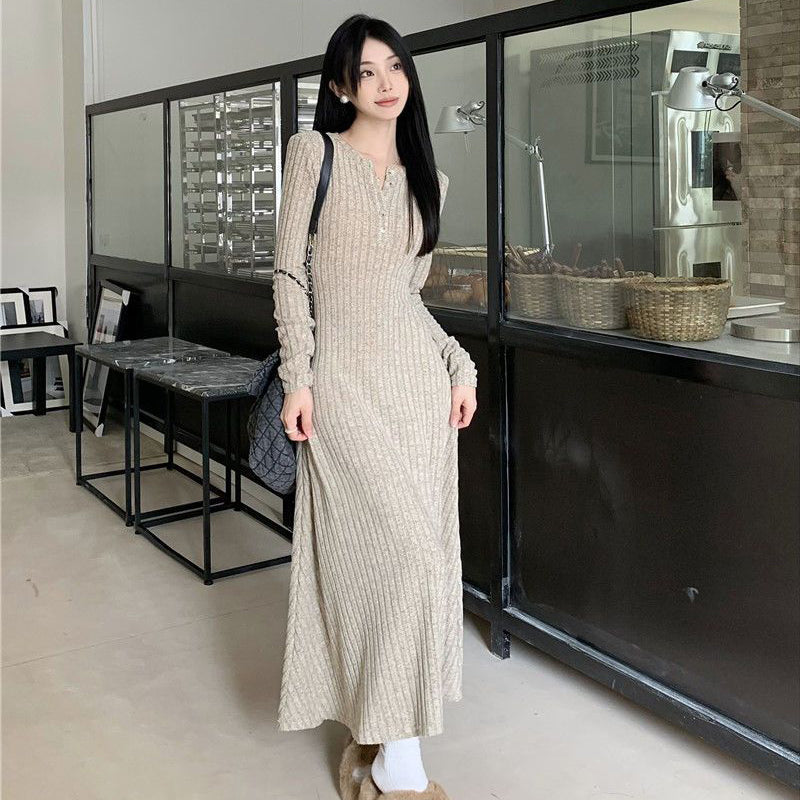 JazzHer Vintage Long Sleeve Dresses Women Elegant Slim Knitted Basic Long Dresses Autumn Winter New Warm All Match Female Base Vestidos