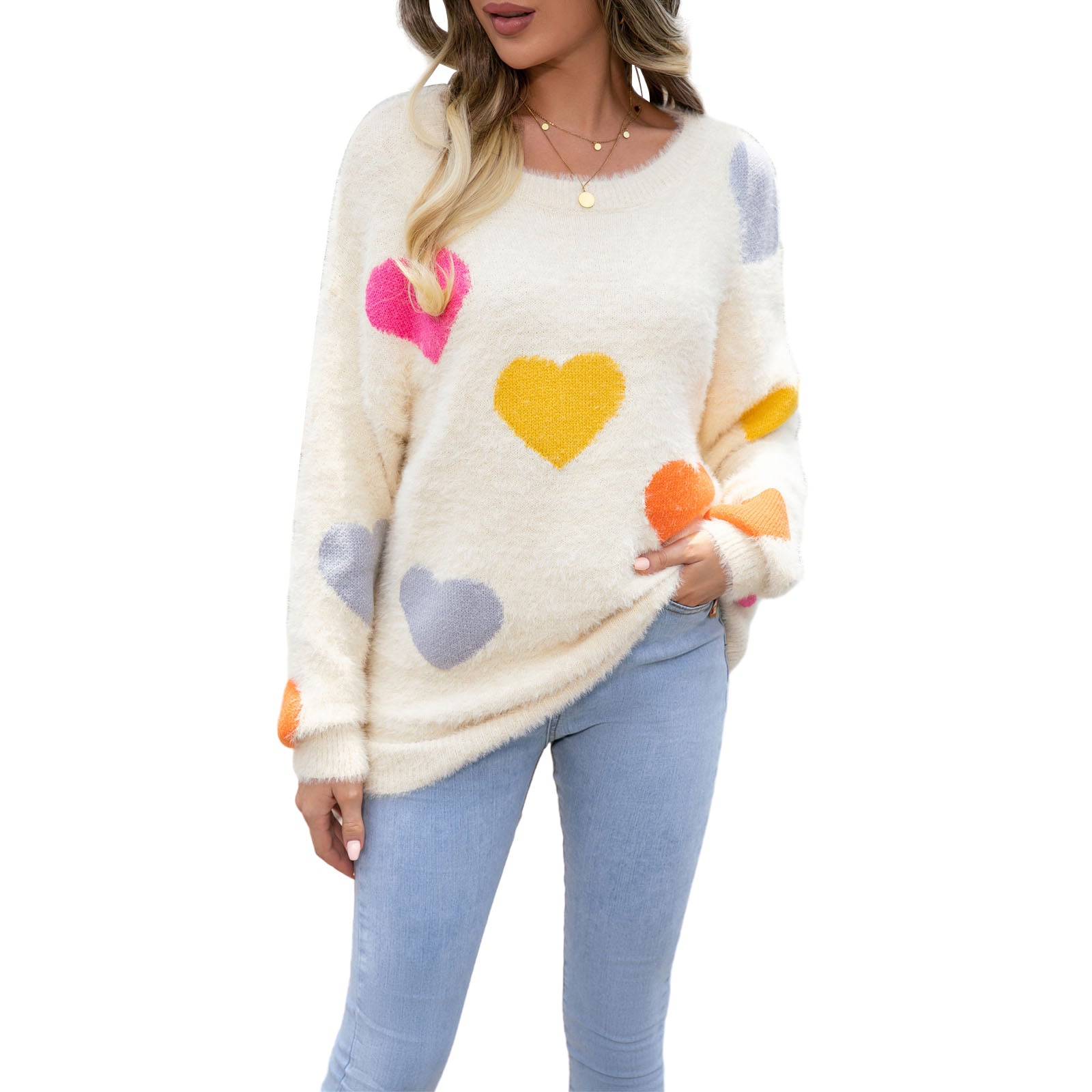 thanksgiving outfit JazzHer Valentine s Day Women Fuzzy Knit Sweater Long Sleeve Round Neck Heart Print Warm Pullover Sweater Fall Winter