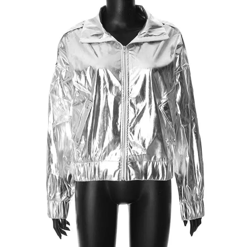 JazzHer Fashion Shiny Silver Coats Women Lapel Zipper Long Sleeve Pocket Pleated Female Jackets 2024 Autumn Lady High Street Y2k Outwear