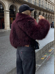 JazzHer Women's Fashion Burgundy Fluffy Furry Warm Cropped Coat Elegant Faux Fur Lapel Thicken Warm Jacket 2024 New Lady Chic Streetwear