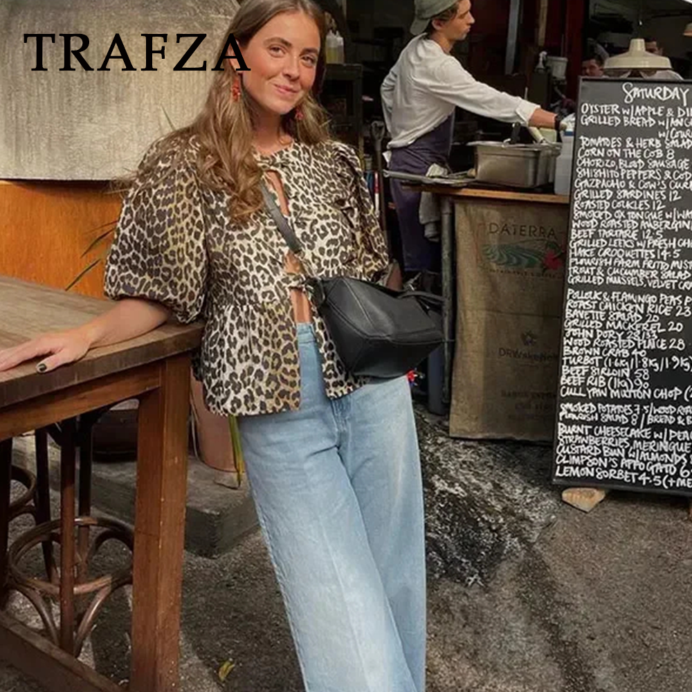 cold weather outfits JazzHer 2024 Spring Summer Casual Leopard Shirts Women Fashion Vintage Lace Up Loose Blouses O Neck Chic Elegant Female Tops