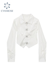 christmas outfit JazzHer Women's White Shirt Vintage Long Sleeve Single Breasted Loose Office Ladies Female Elegant Slim All-match Blouses Chic Top Short