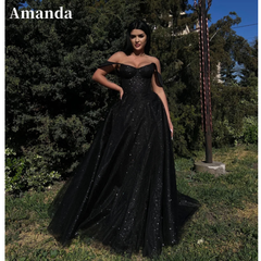 JazzHer Gothic Black Shiny A-line Vestido De Novia Gorgeous Off Shoulder Prom Dress Spark Short Sleeve Evening Dresses-(PRE-ORDER)