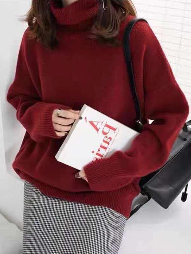 JazzHer 2024 Fall Fashion Casual Loose Long Sleeves Solid Color High-Neck Sweater Tops