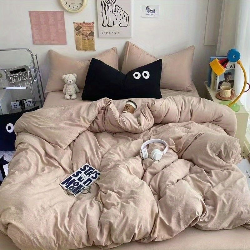 JazzHer Cute Duvet Cover Set with Sheet Pillowcase No Filler Warm Solid Color Bed Linen Full Queen Size Korean Big Eyes Home Bedding Set