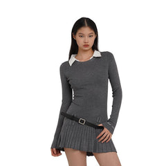 JazzHer Women Korean Preppy Style Mini Black Shirt Dress Fake Two Pieces Long Sleeve One-Piece with Belt 2000s Aesthetic Party Y2k Tide