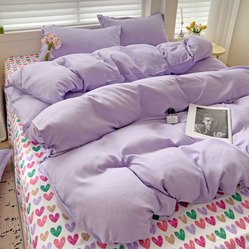 JazzHer Purple Bedding Set Ins Nordic Solid Full Queen Size Duvet Cover Flat Sheet Pillowcase No Filler Girl Boys Hotel Home Bed Linens