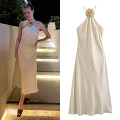 JazzHer Ladies Flower Halter Summer Dress Woman Off Shoulder Satin Women Backless Sexy Long Evening Party Beach Dress Female Vestidos