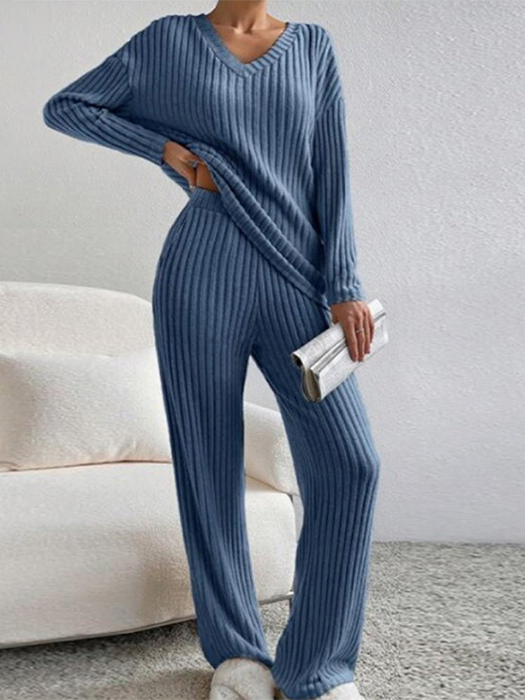 thanksgiving outfit JazzHer Casual Knitted Ribbed Pants Sets Women Solid Loose V Neck Long Sleeve Pullover Long Trousers 2024 Autumn New in Matching Outfits