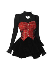 JazzHer Autumn New Y2k 2000s Aesthetic Vintage Evening Suit Women Outfits 2 Piece Set Long Sleeve T-Shirts + Mini Plaid Patchwork Dress