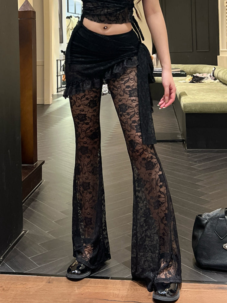 JazzHer Gothic Dark Lace Pants Women Vintage Y2k Streetwear Emo Sexy See Through Velevt Patchwork High Waist Flare Pants Female
