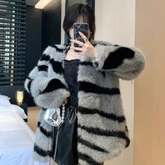 cold weather outfits JazzHer French Fashion Spotted Horsehide Faux Fox Fur Wave Loose-Fit Cropped Jacket For Women Cropped Jacket Style Real Leather Coat