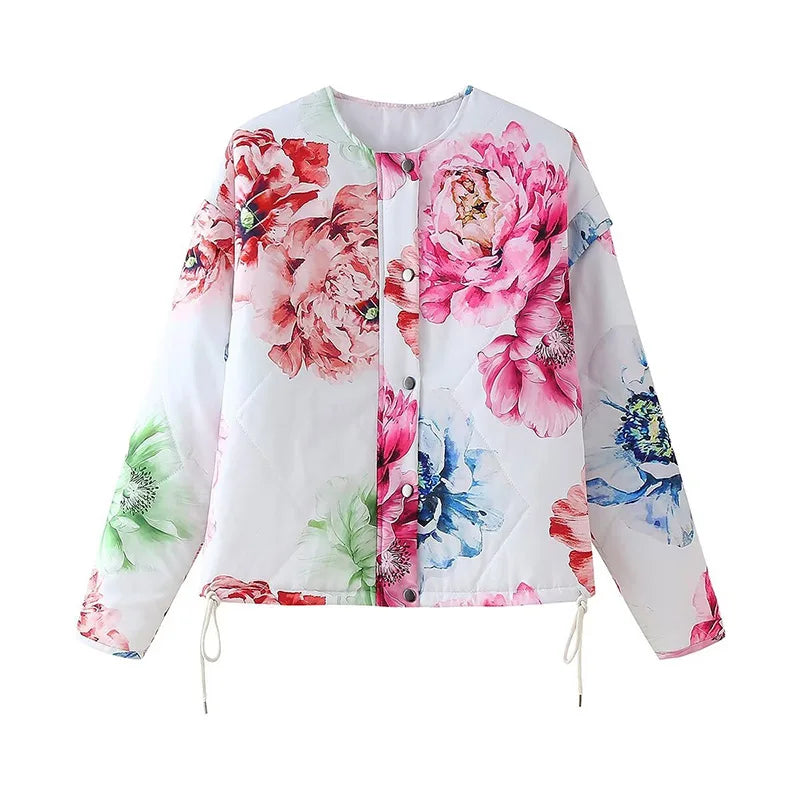 JazzHer Casual Floral Printed Quilted Jacket Women O-neck Button Long Sleeve Drawstring Padded Coats 2024 Autumn Winter Lady Streetwear