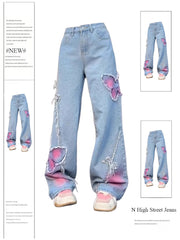 christmas outfit JazzHer Women's Blue Butterfly Jeans Baggy Vintage Y2k Denim Trousers 2000s Harajuku Wide Leg Cowboy Pants Trashy 90s Aesthetic Clothes