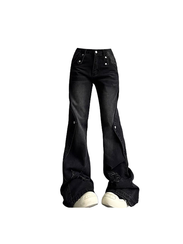 christmas outfit JazzHer Women's Baggy Flare Jeans Harajuku Y2k 90s Aesthetic Oversize Black Gothic Denim Trousers Emo 2000s Jean Pants Vintage Clothes