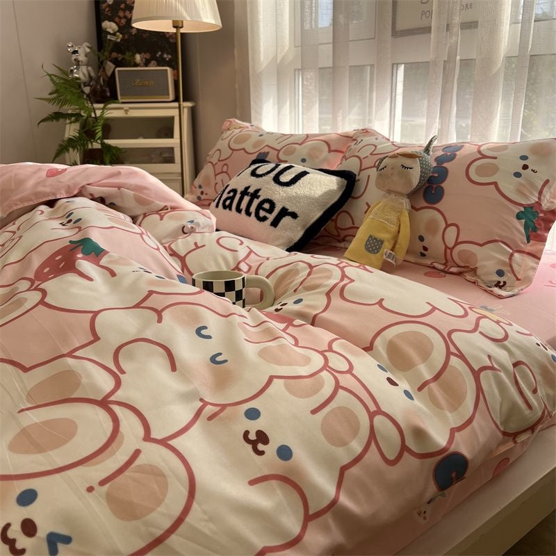 JazzHer Strawberry And Flowers Bedding Sets Solid Color Girls Boys Double Size Flat Sheet Duvet Cover Pillowcase Bed Linen Home Textile