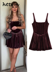 JazzHer Sexy Velvet Mini Party Dress Women Burgundy Square Collar Sleeveless Backless Sling Dresses 2024 Autumn Lady Pleated Vestido New