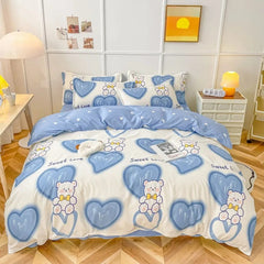 JazzHer Cute Bear Bedding Set Girls Boys Kids Single Double Size Flat Sheet Duvet Cover Pillowcase Bed Linens White Blue Home Textile