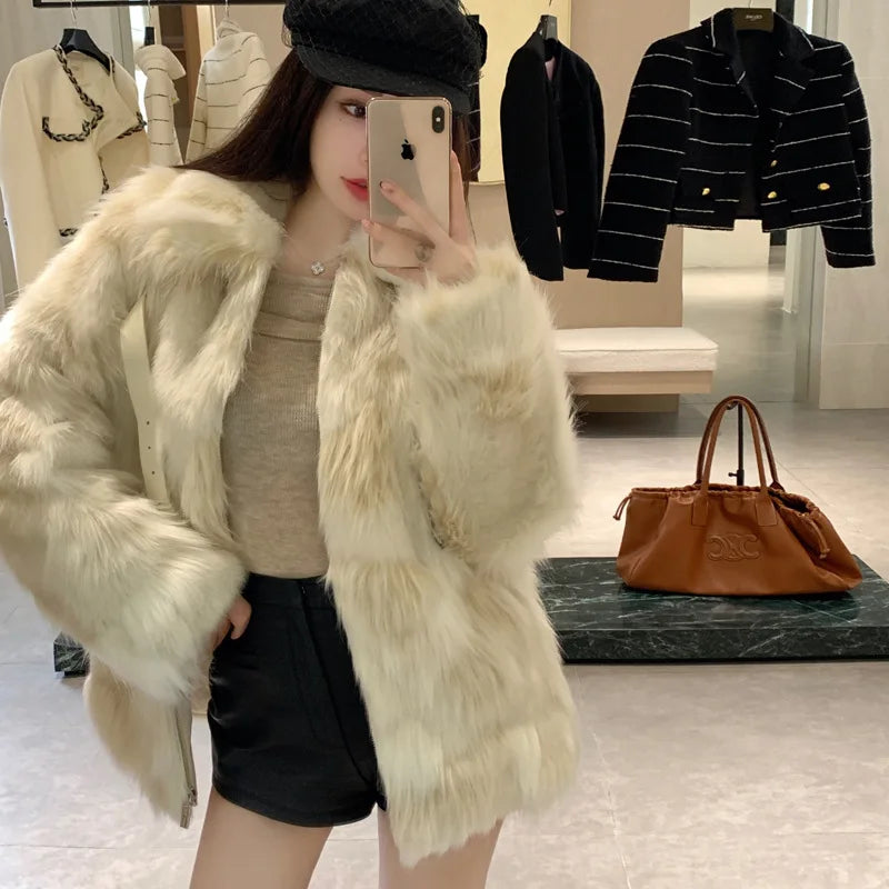 cold weather outfits JazzHer 2024 Winter New Fox Fur Jacket Women's Cropped High-End Youth Style Faux Fur Age-Reduction Explosion Top Real Leather Coat