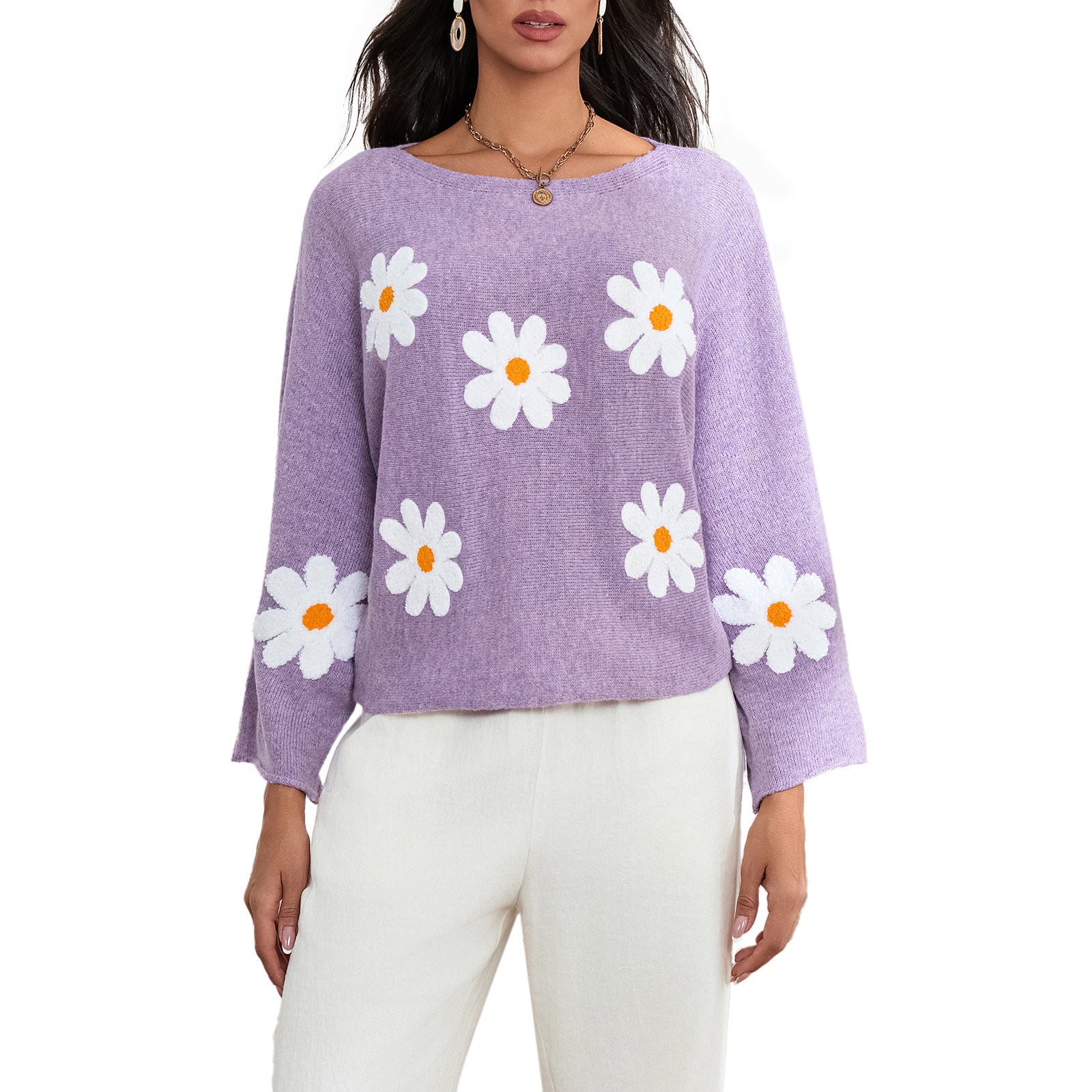 thanksgiving outfit JazzHer Women Loose Knit Sweater Sweet Flower Embroidered Long Sleeve Boat Neck Pullovers Spring Fall Casual Jumpers Tops