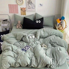 JazzHer Cute Duvet Cover Set with Sheet Pillowcase No Filler Warm Solid Color Bed Linen Full Queen Size Korean Big Eyes Home Bedding Set