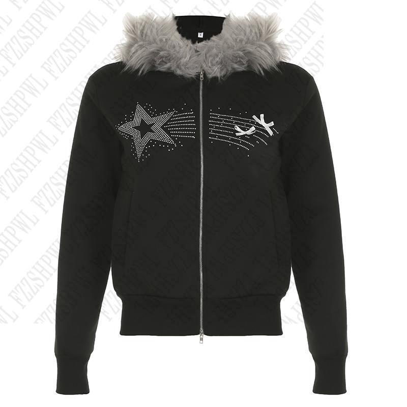 JazzHer Y2K Long Sleeve Plush Jackets Coat Chic Rhinestones Graphics Women Zip Hoodies Vintage Rock Punk Loose Casual Fashion Sweatshirt