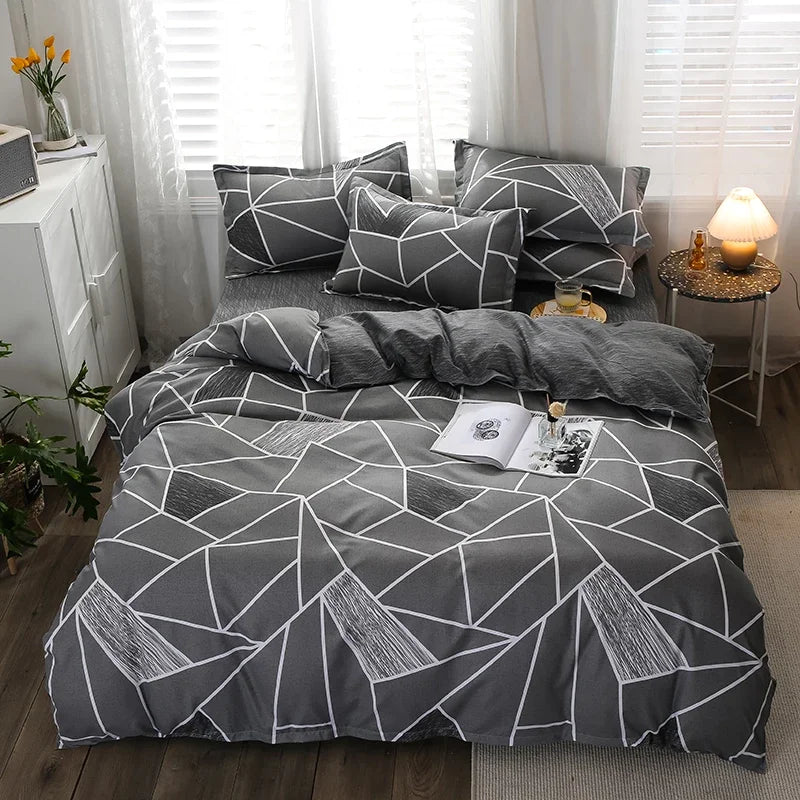 JazzHer Grey Geometric Pattern Duvet Cover Four set series for Adults Teens Polyester Bedding Set with Zip Closure Comforter Covers