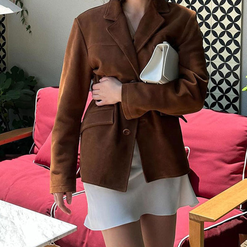 JazzHer Vintage Women's Suede Suit Coat Fashion Lapel Long Sleeve Single Breasted Female Blazers 2024 Autumn Lady Street Brown Jackets