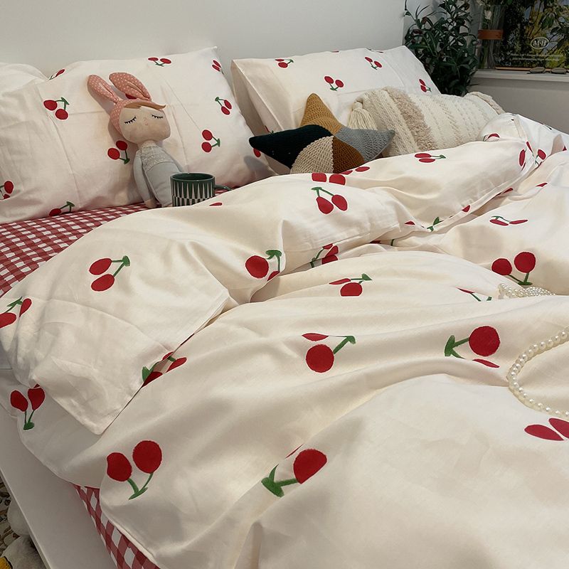 JazzHer 2024 Cherry Cute Bedding Set Flat Sheet Pillowcases No Filler Ins Spring Kids Audlt Single Full Size Home Hotel Bed Linens