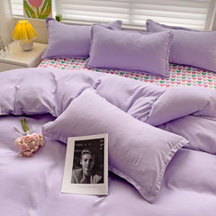 JazzHer Purple Bedding Set Ins Nordic Solid Full Queen Size Duvet Cover Flat Sheet Pillowcase No Filler Girl Boys Hotel Home Bed Linens