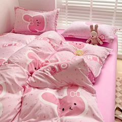 JazzHer Cute Rabbit Bedding Set No Filling Pink Blue Boys Girls Favorite Single Double Duvet Cover Flat Sheet Pillowcase Kit New 2024