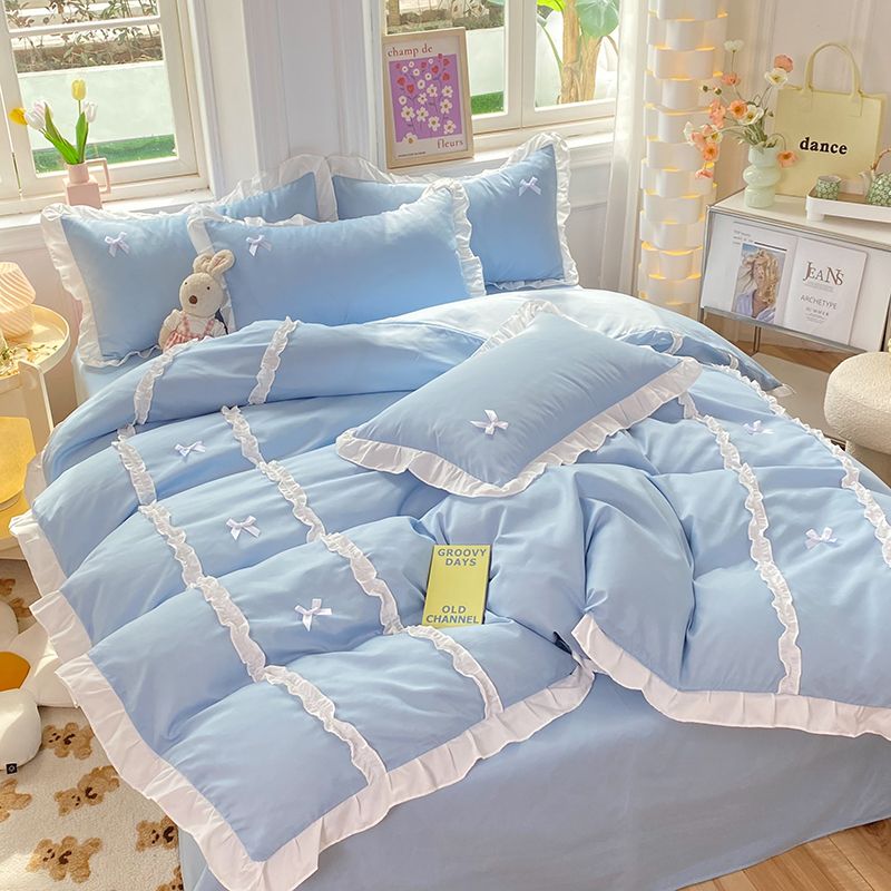 JazzHer Kawaii Korean Bedding Sets No Filling Ins Princess Style Lace Bow Duvet Cover Fitted Sheet Girl Woman Home Bedroom Bed Linens