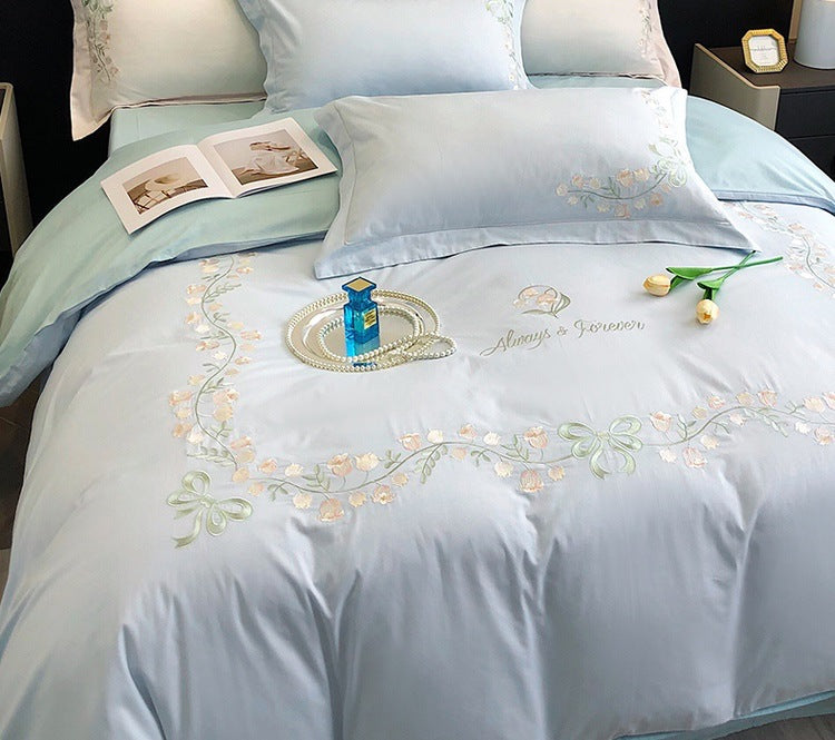 JazzHer New High-End Simple and Light Luxury Skin-Friendly Cotton Four-Piece Set Simple Embroidery Bedding Lily