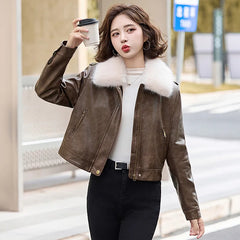 cold weather outfits JazzHer Women's Autumn Winter New Style Leather Jacket Large Collar Fleece Lined And Thickened Petite Jacket PULeather ZH1138