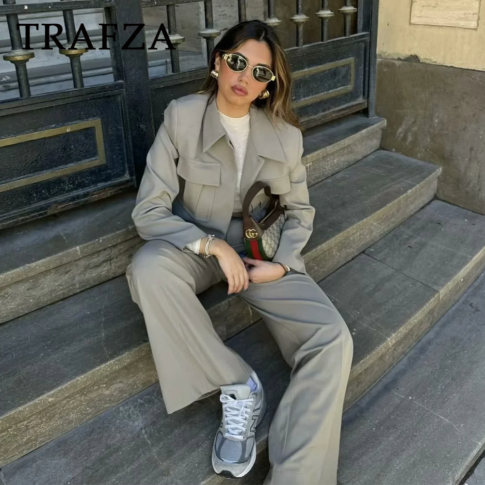 cold weather outfits JazzHer 2024 Spring Summer Casual Women Solid Suits Fashion Streetwear Pockets Turn-down Collar Short Jackets+Chic Wide leg pants