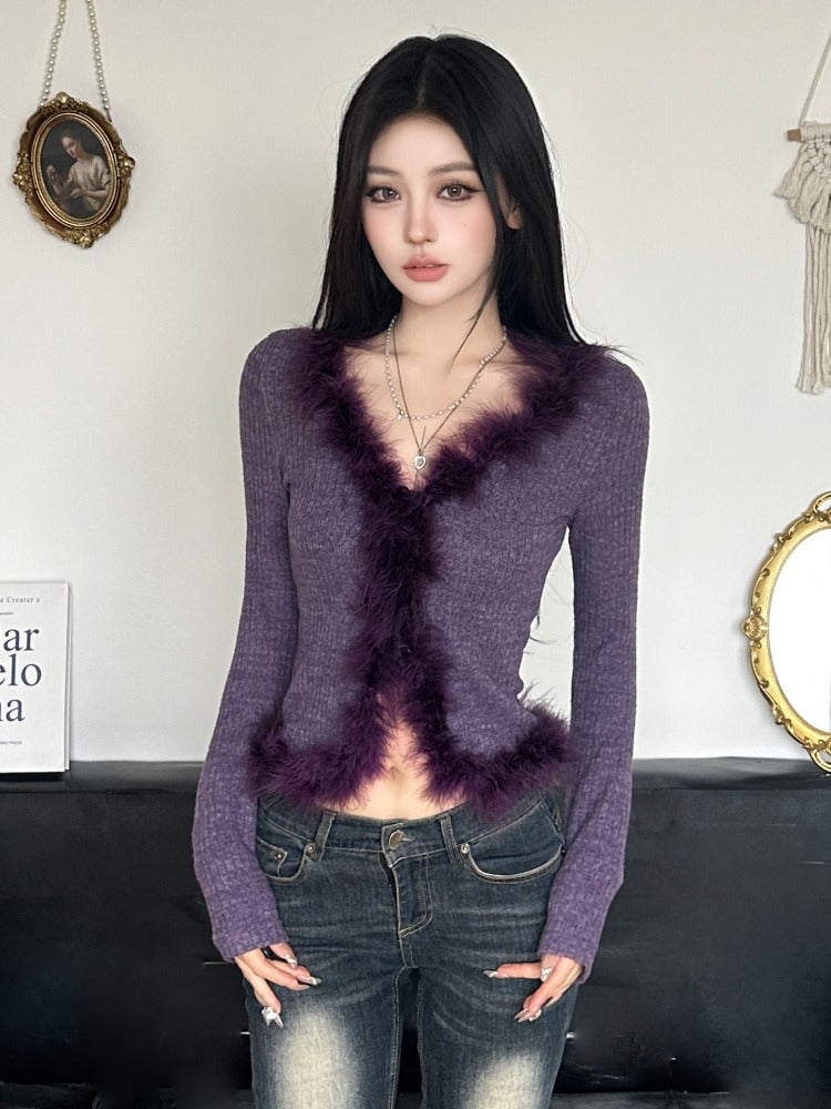 JazzHer Aesthetic Streetwear Hotsweet Sweater Women Y2k E-girl Pastel Goth Fur Patchwork Long Sleeve V-neck Knitted Tops Female