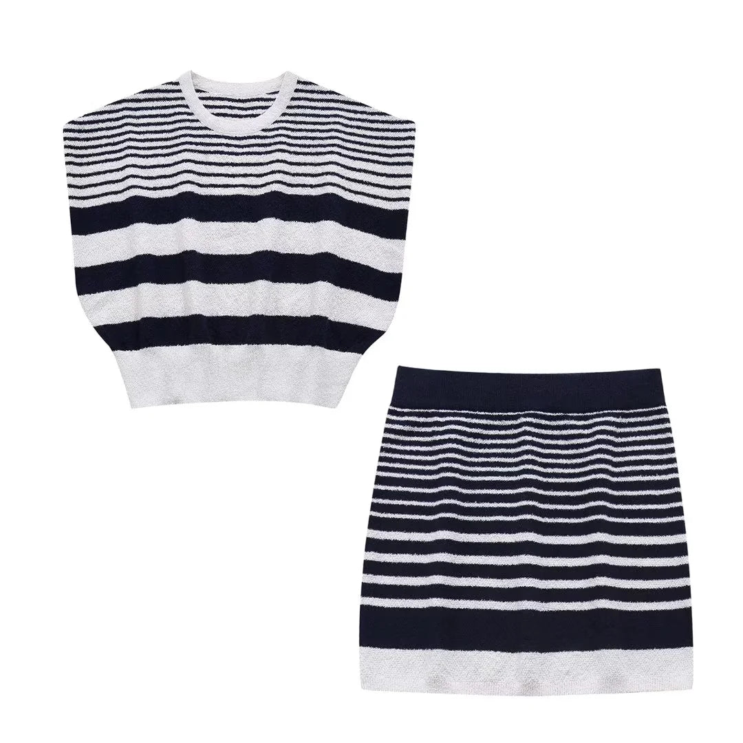 cold weather outfits JazzHer 2024 Spring Summer Casual Knitted Striped Women Suit Fashion Vintage O Neck Sleeveless Short Tops+Chic Short Pencil Skirt