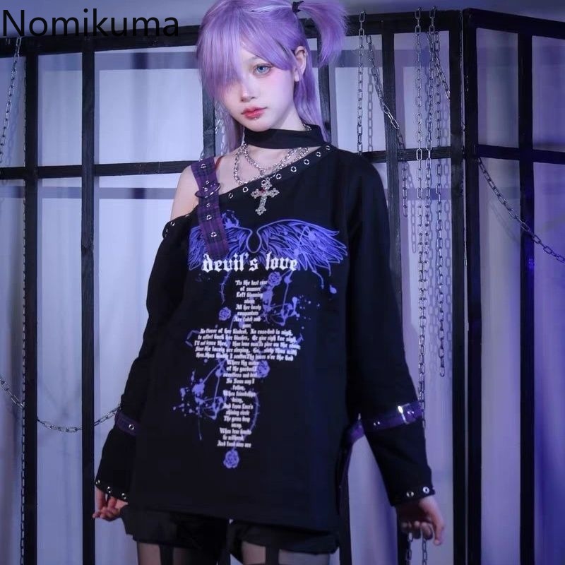 JazzHer Y2k Tops Harajuku Punk Hoodies Women Streetwear Harajuku Japanese Sweatshirts Casual Chic Off Shoulder Hoodie Clothes for Teens