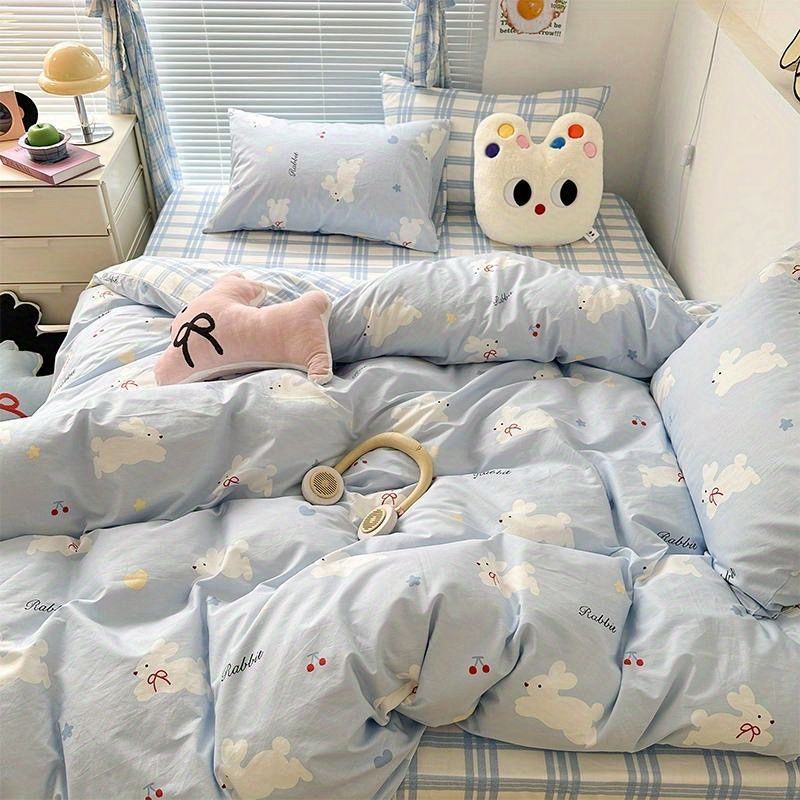 JazzHer Cute Kids Bedding Set Rabbit Dinosaur No Filler Single Queen Size Duvet Cover Flat Sheet Pillowcase Girls Boys Comforter Duvet