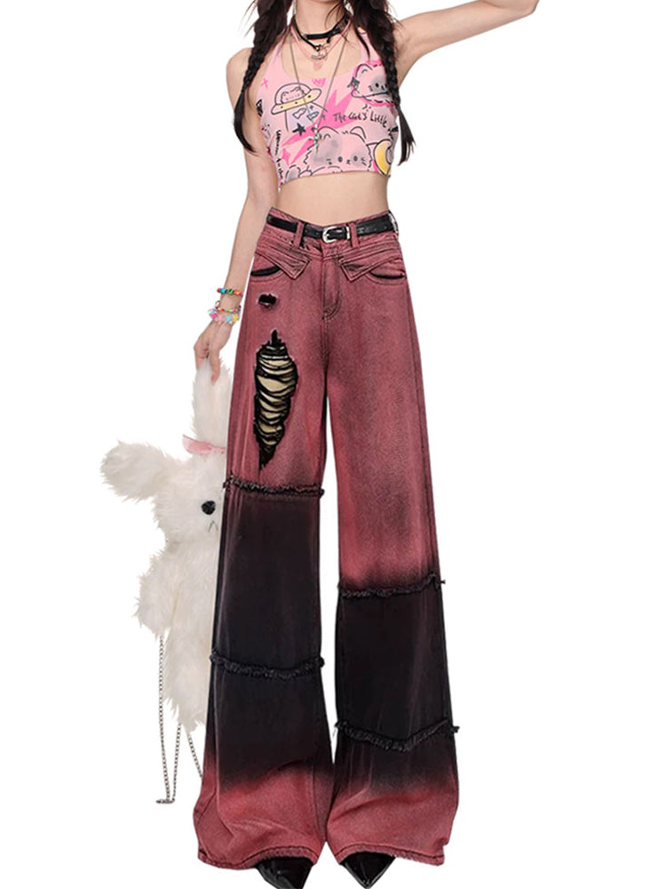 christmas outfit JazzHer Women's Red Y2k Jeans Harajuku Denim Trousers Aesthetic Streetwear Oversize Ripped Jean Pants Vintage Punk 2000s Trashy Clothes