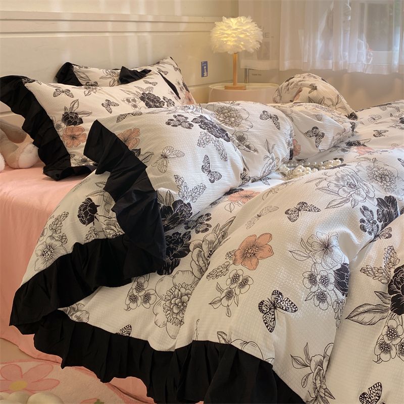 JazzHer Ins French Style Girls Heart Lace Bedding Set Bubble Wash Cotton Quilt Cover With Pillowcases Bed Sheet Set 4pcs