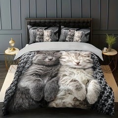 JazzHer 3pcs Cat Animal Duvet Cover Set 3D Cute Pet Cat HD Printing Bedding For Home Dorm